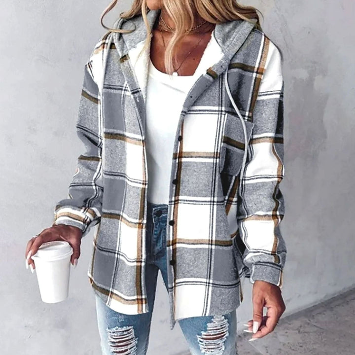 Damen Karo Hoodie Jacke mit Kapuze lockere Passform Winterjacke - Grau