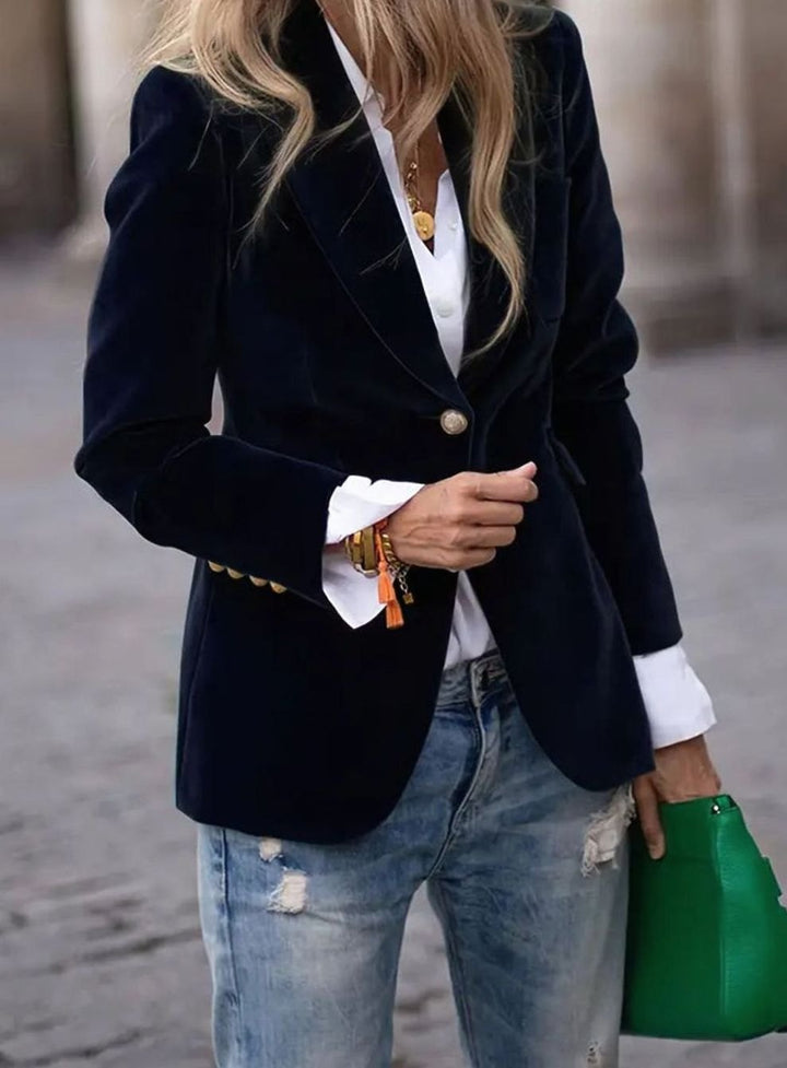 Damen Klassischer Blazer mit Ein-Knopf-Verschluss Goldknöpfen - Schwarz