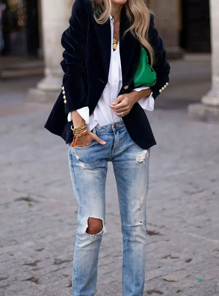 Damen Klassischer Blazer mit Ein-Knopf-Verschluss Goldknöpfen