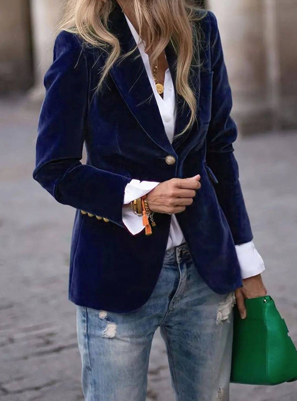 Damen Klassischer Blazer mit Ein-Knopf-Verschluss Goldknöpfen - Blau