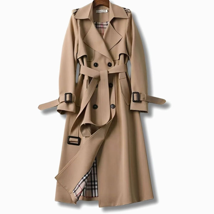 Damen Klassischer Taillierter Trenchcoat für den Winter mit Gürtel - Khaki