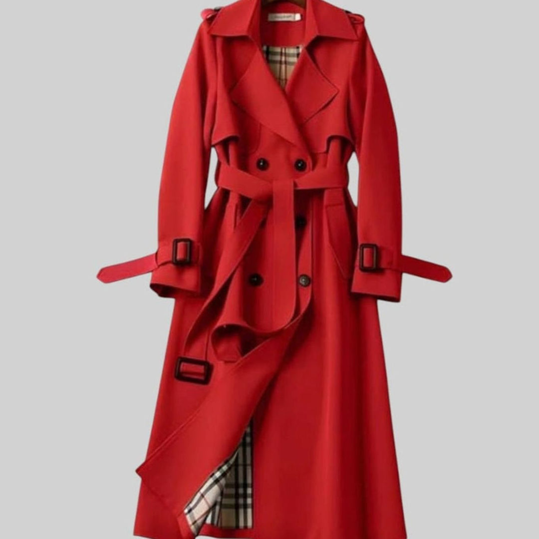 Damen Klassischer Taillierter Trenchcoat für den Winter mit Gürtel - Rot