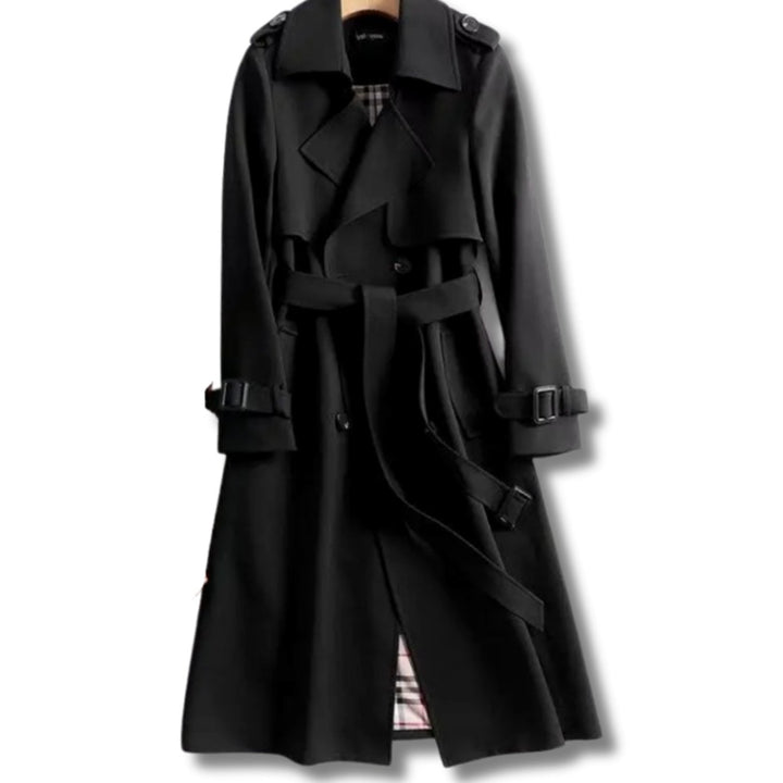 Damen Klassischer Taillierter Trenchcoat für den Winter mit Gürtel - Schwarz