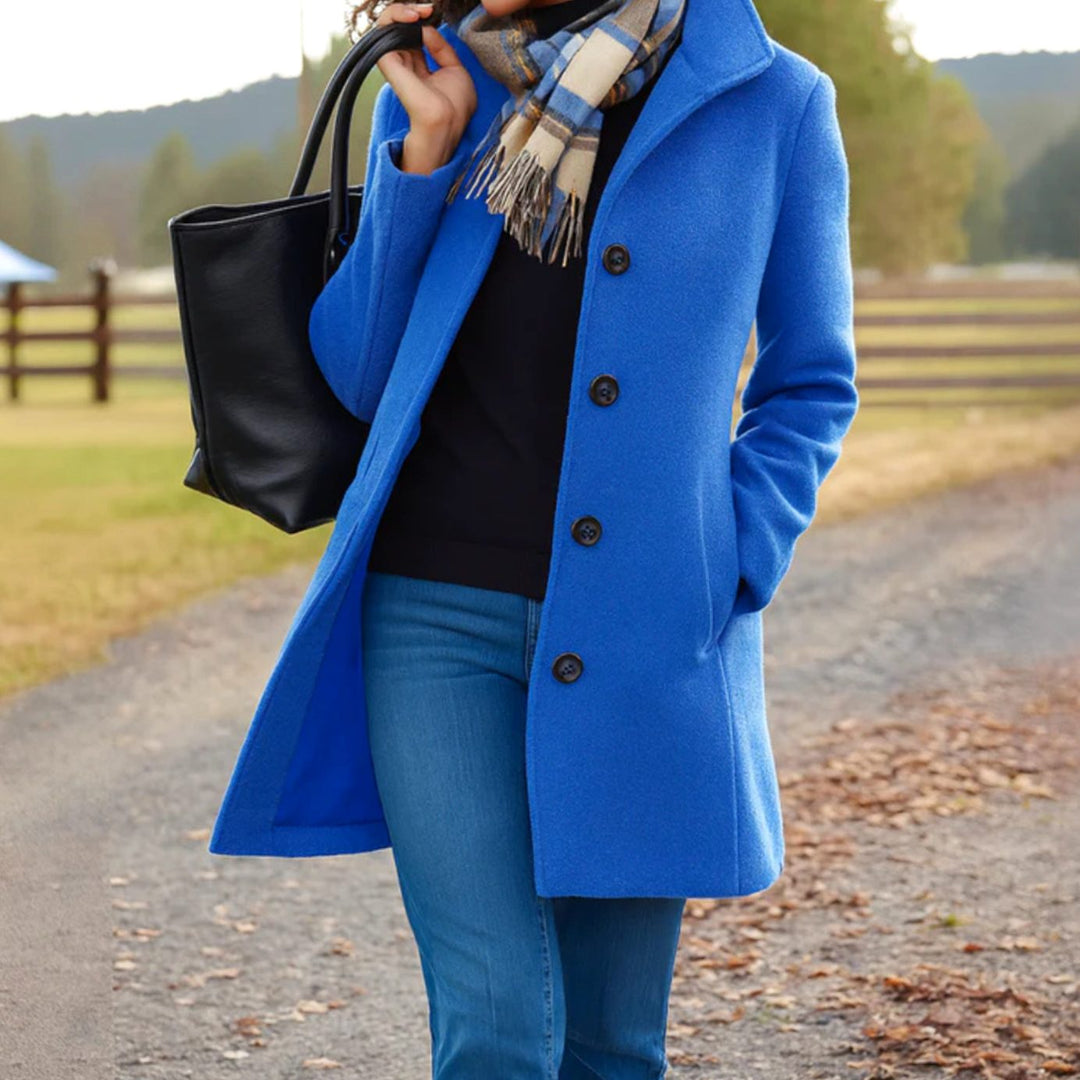 Damen Klassischer Wintermantel mit Knopfleiste vorne Langer Wollmantel - Blau