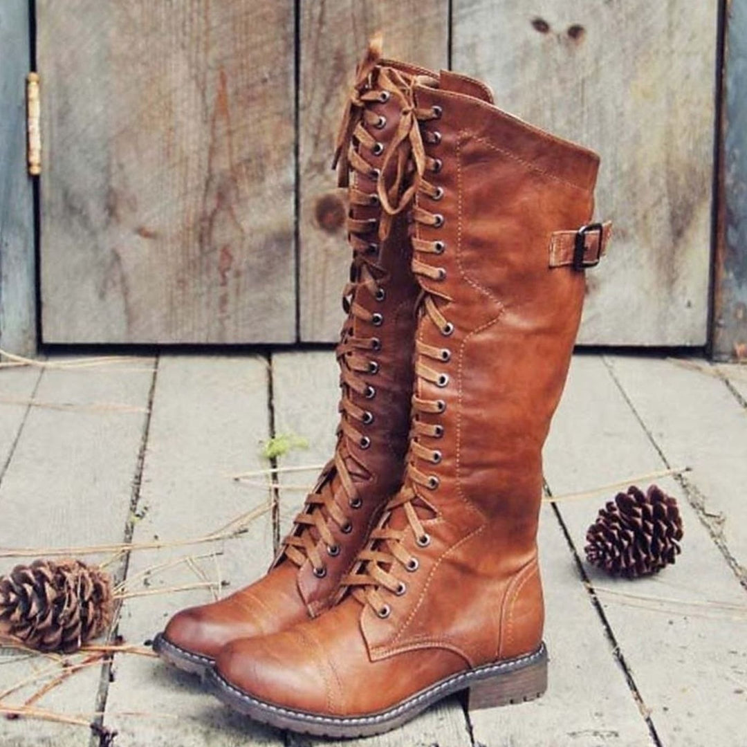 Damen Kniehohe Schnürstiefel im Reitstil mit Blockabsatz - Braun