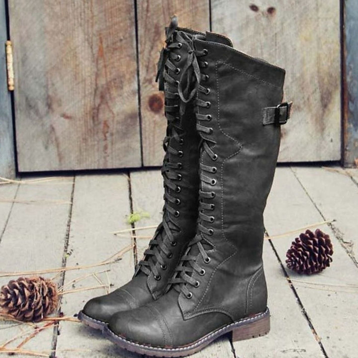 Damen Kniehohe Schnürstiefel im Reitstil mit Blockabsatz - Schwarz