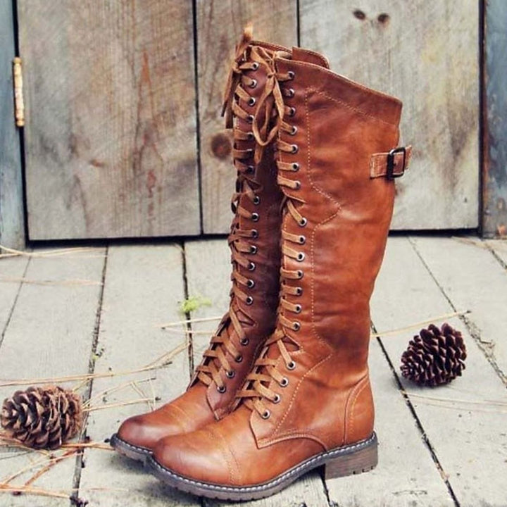Damen Kniehohe Schnürstiefel im Reitstil Robuste Profilsohle - Braun