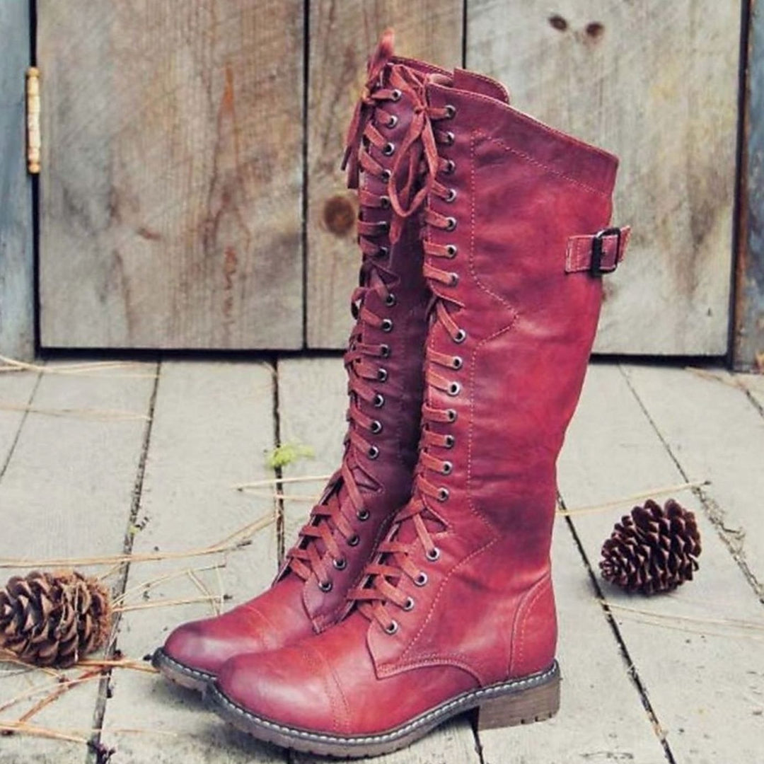 Damen Kniehohe Schnürstiefel im Reitstil Robuste Profilsohle - Rot