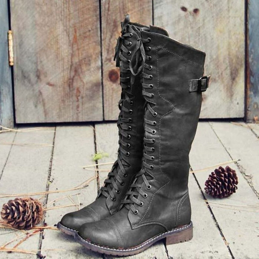Damen Kniehohe Schnürstiefel im Reitstil Robuste Profilsohle - Schwarz
