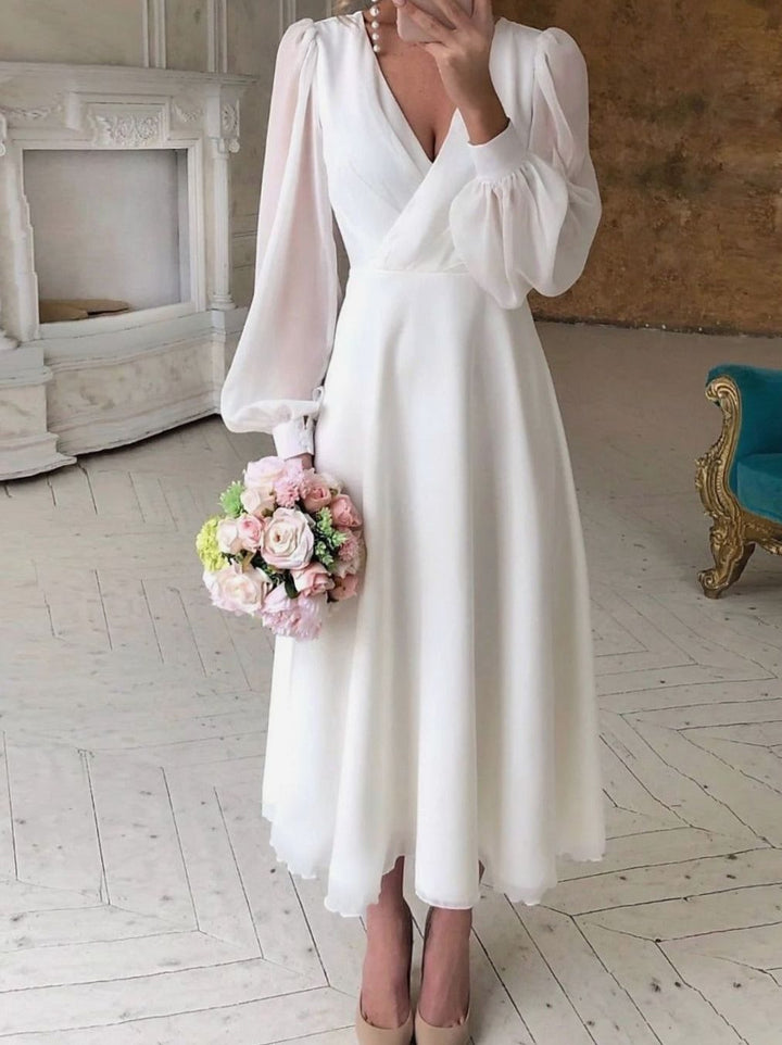 Damen Langarm Fließendes Brautkleid V-Ausschnitt Midikleid - Weiß