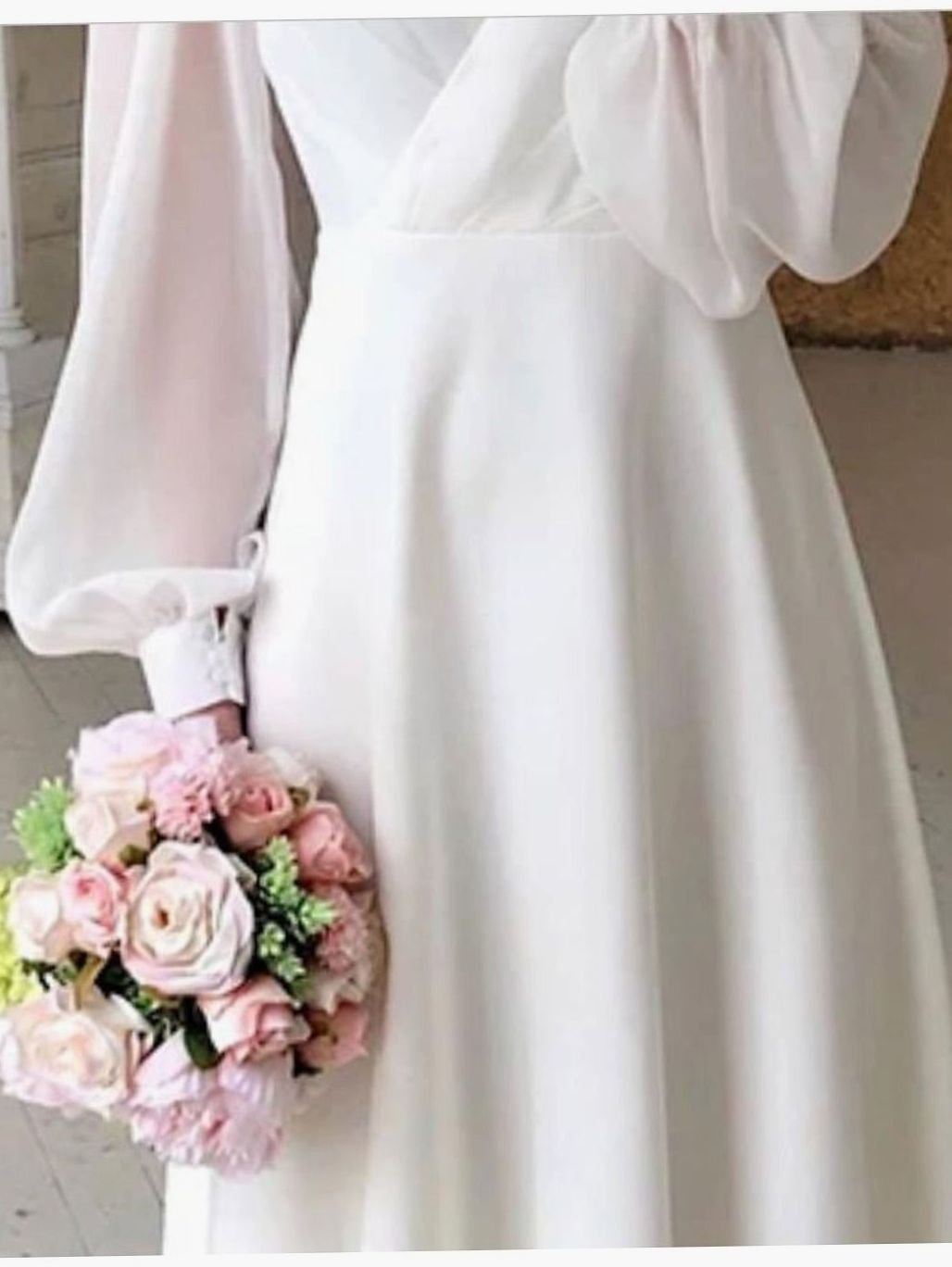 Damen Langarm Fließendes Brautkleid V-Ausschnitt Midikleid