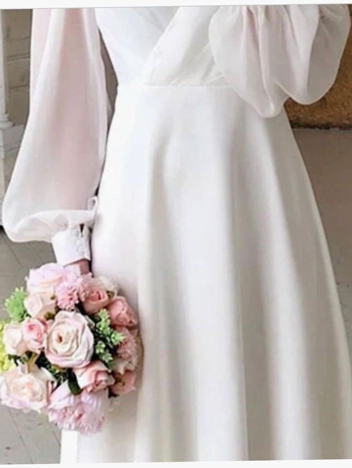 Damen Langarm Fließendes Brautkleid V-Ausschnitt Midikleid