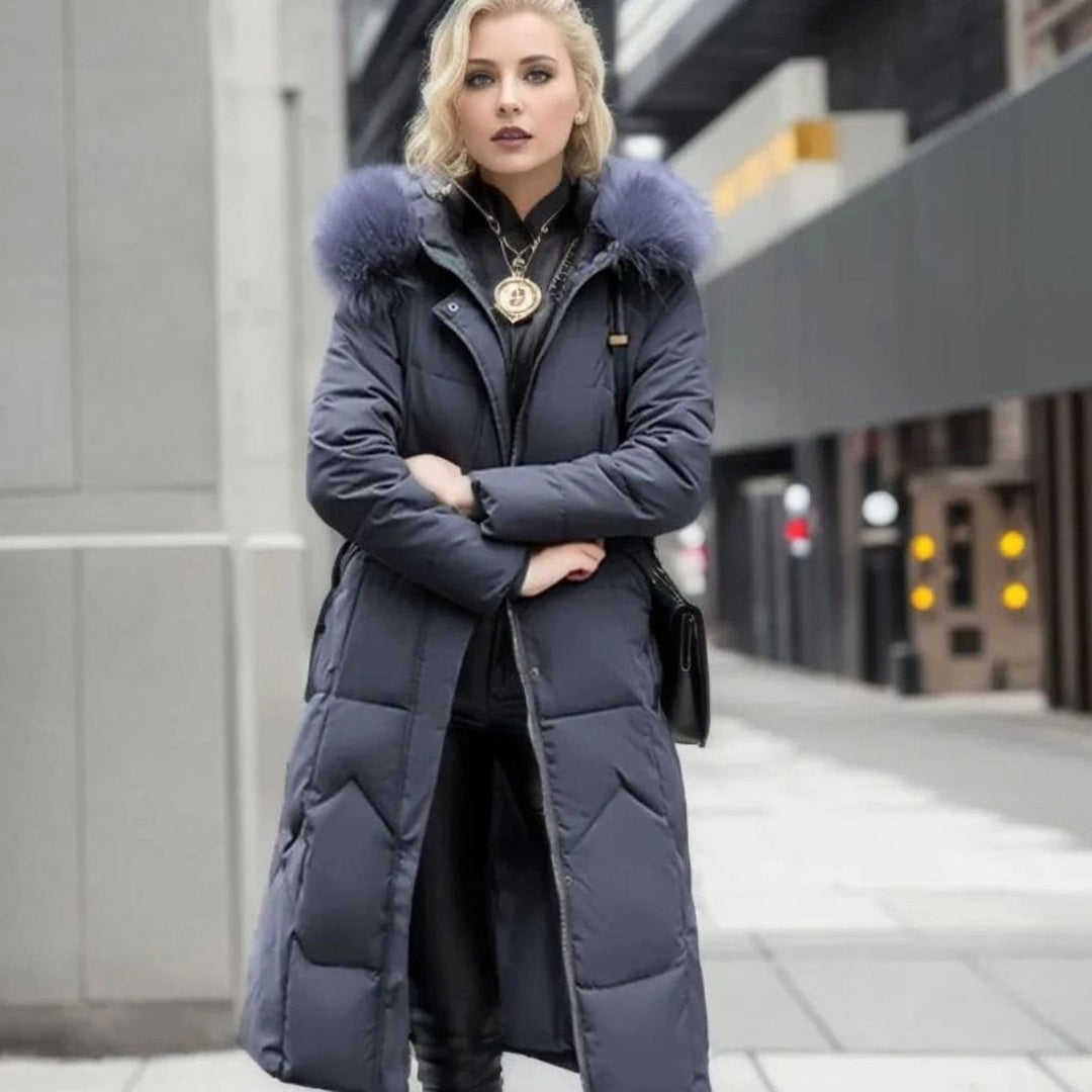 Damen Langer Daunen-Steppmantel mit Kragen Fellkapuze Wintermantel - Grau