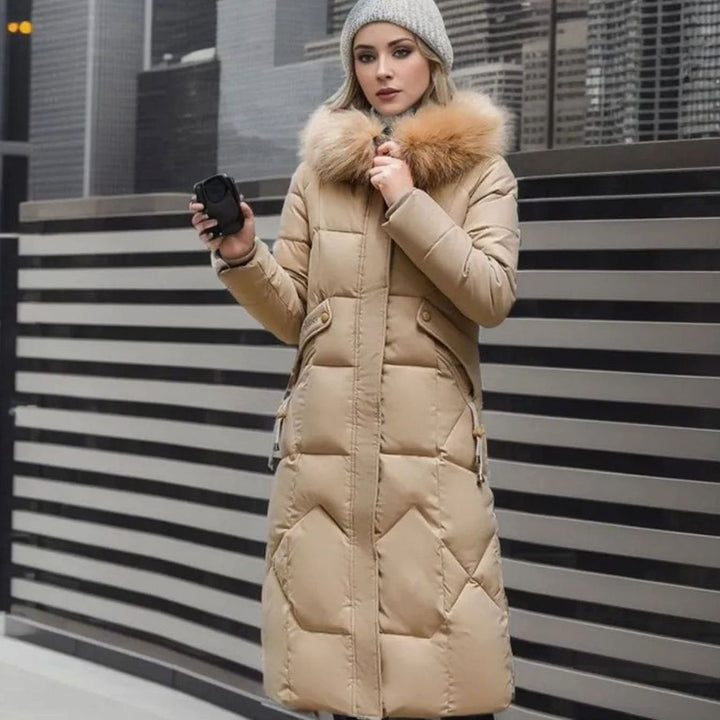 Damen Langer Daunen-Steppmantel mit Kragen Fellkapuze Wintermantel - Khaki