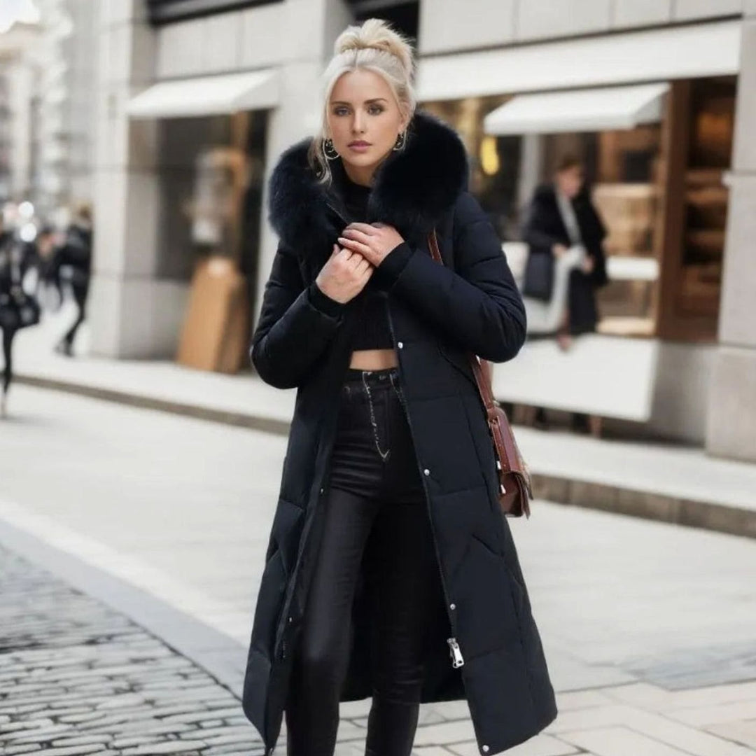 Damen Langer Daunen-Steppmantel mit Kragen Fellkapuze Wintermantel - Schwarz