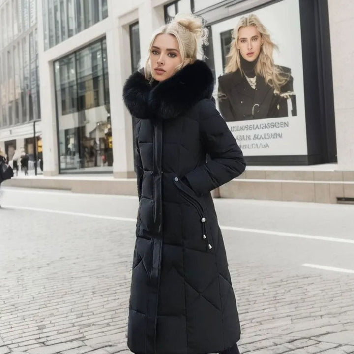 Damen Langer Daunen-Steppmantel mit Kragen Fellkapuze Wintermantel