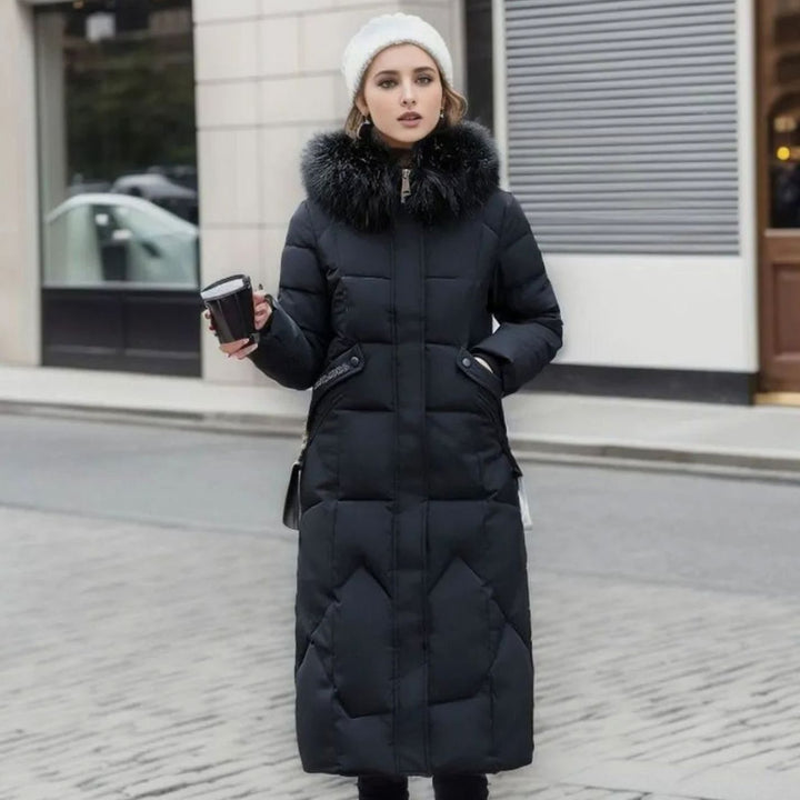 Damen Langer Daunen-Steppmantel mit Kragen Fellkapuze Wintermantel