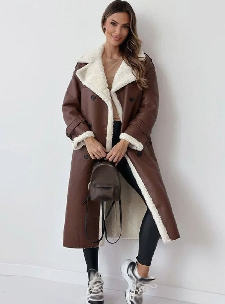 Damen Langer Wintermantel aus Lammfell Kunstleder Oversized Umlegekragen - Braun