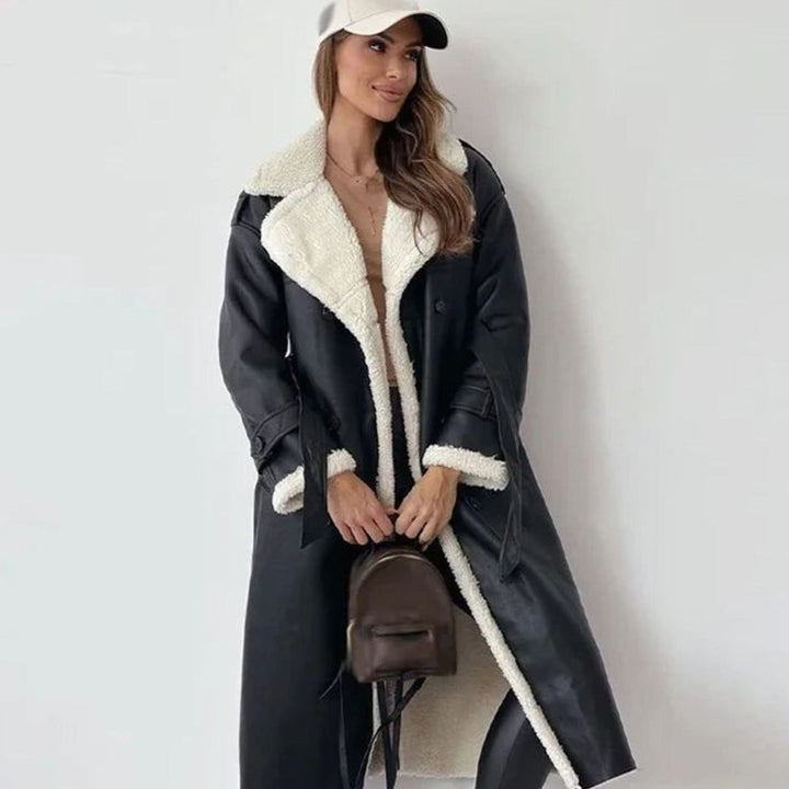 Damen Langer Wintermantel aus Lammfell Kunstleder Oversized Umlegekragen - Schwarz