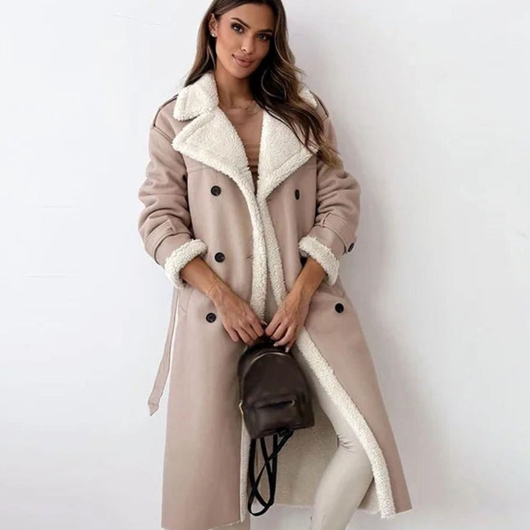 Damen Langer Wintermantel aus Lammfell Kunstleder Oversized Umlegekragen - Beige