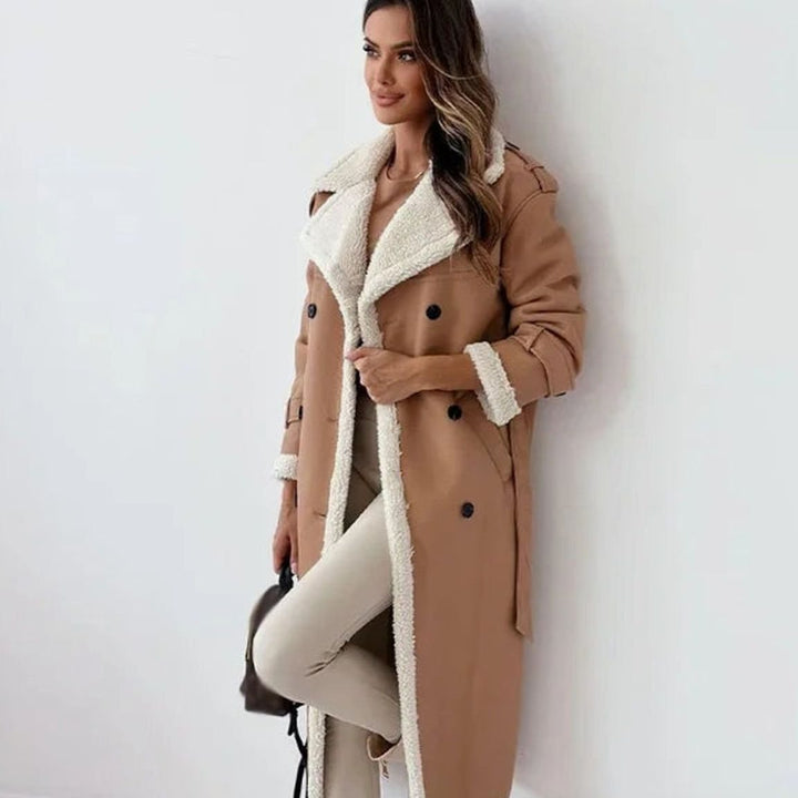 Damen Langer Wintermantel aus Lammfell Kunstleder Oversized Umlegekragen - Khaki