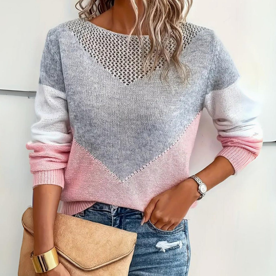 Damen Locker Geschnittener Pullover Colorblock Strick Rundhals