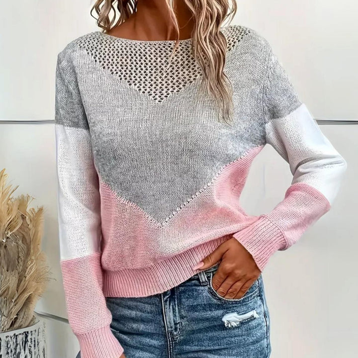 Damen Locker Geschnittener Pullover Colorblock Strick Rundhals