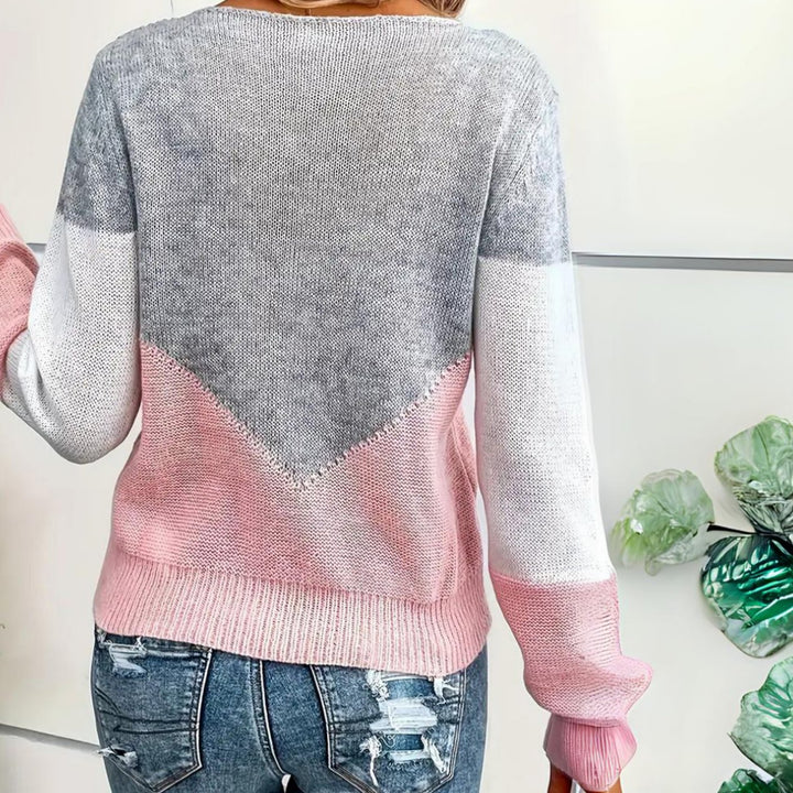 Damen Locker Geschnittener Pullover Colorblock Strick Rundhals