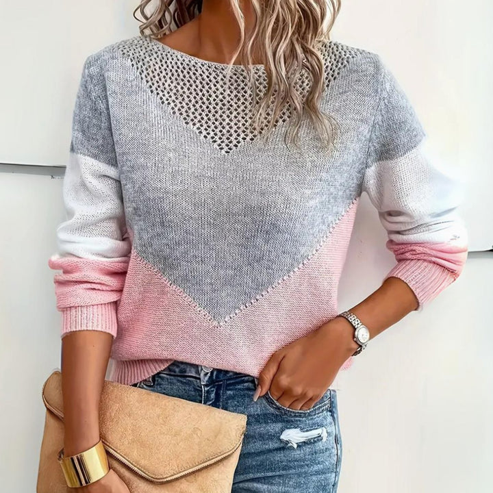 Damen Locker Geschnittener Pullover Colorblock Strick Rundhals - Rosa