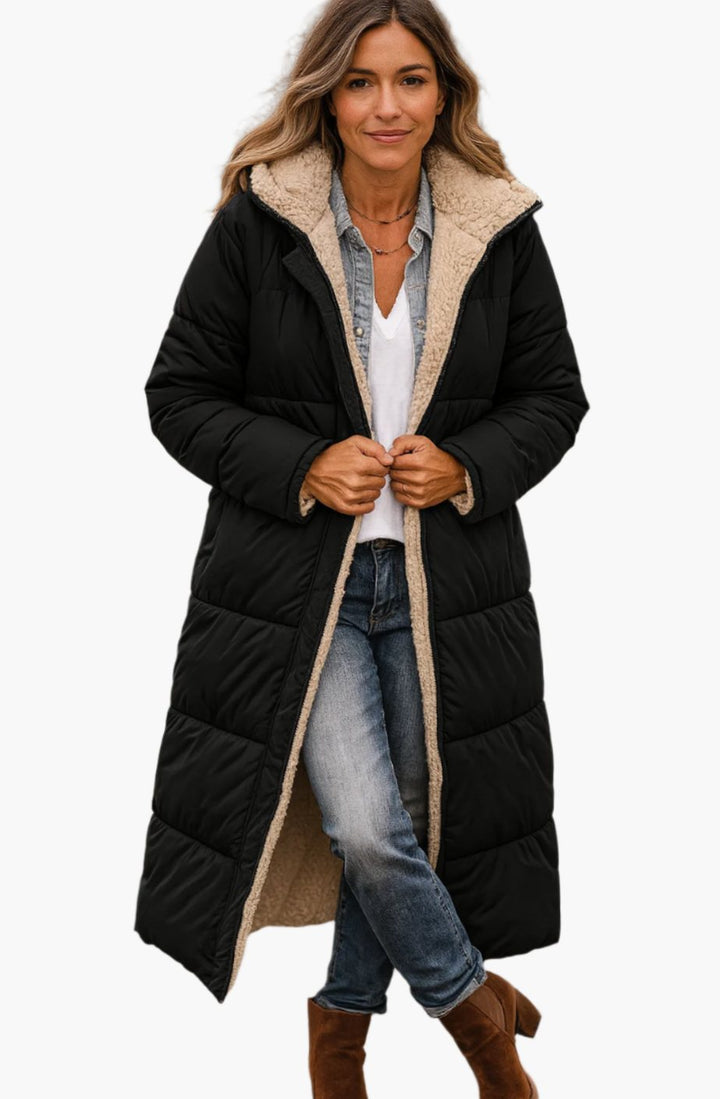 Damen Longline Puffer Jacke Kapuze Sherpa-Futter Winterjacke - Schwarz