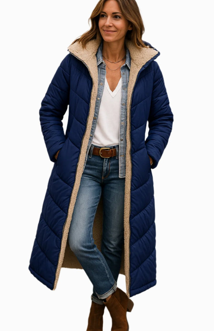 Damen Longline Puffer Jacke Kapuze Sherpa-Futter Winterjacke - Marineblau