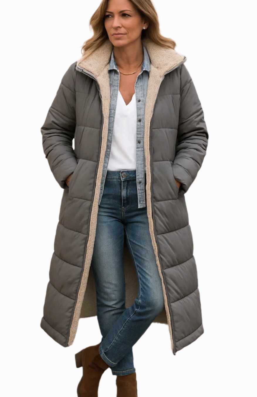 Damen Longline Puffer Jacke Kapuze Sherpa-Futter Winterjacke - Grau