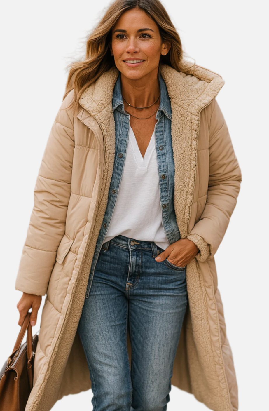 Damen Longline Puffer Jacke Kapuze Sherpa-Futter Winterjacke - Beige