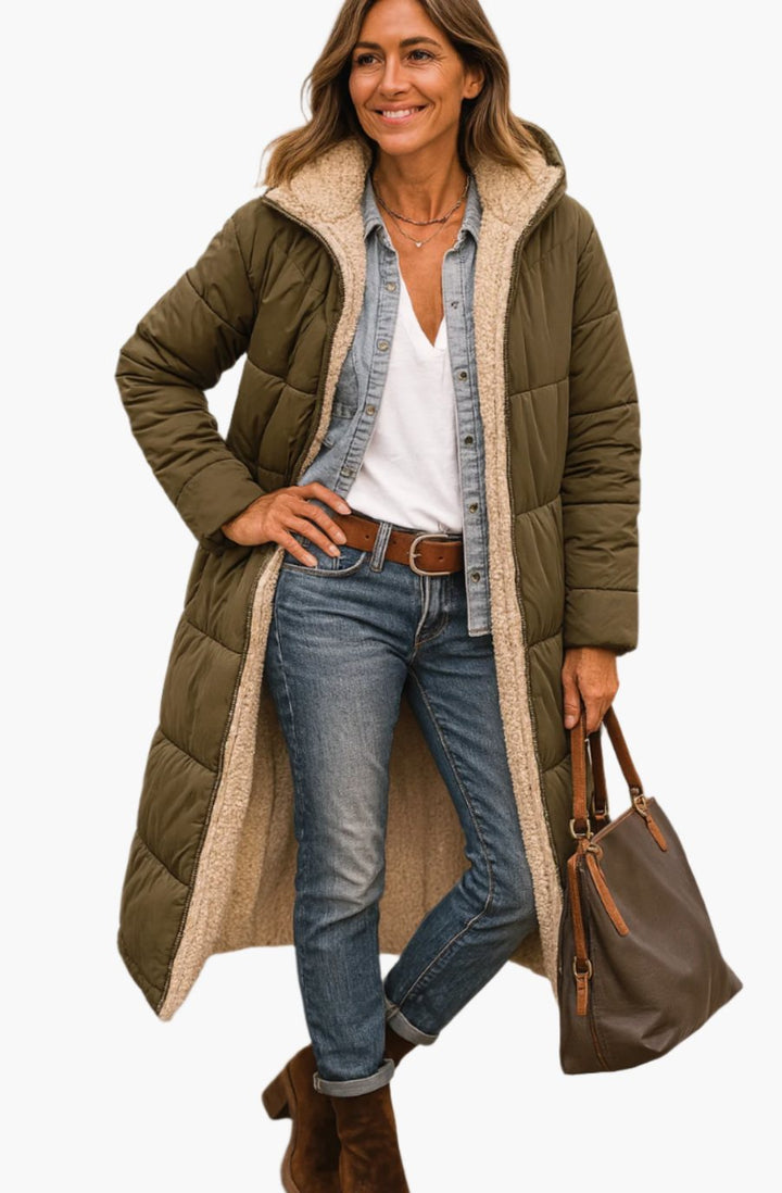 Damen Longline Puffer Jacke Kapuze Sherpa-Futter Winterjacke - Armeegrün