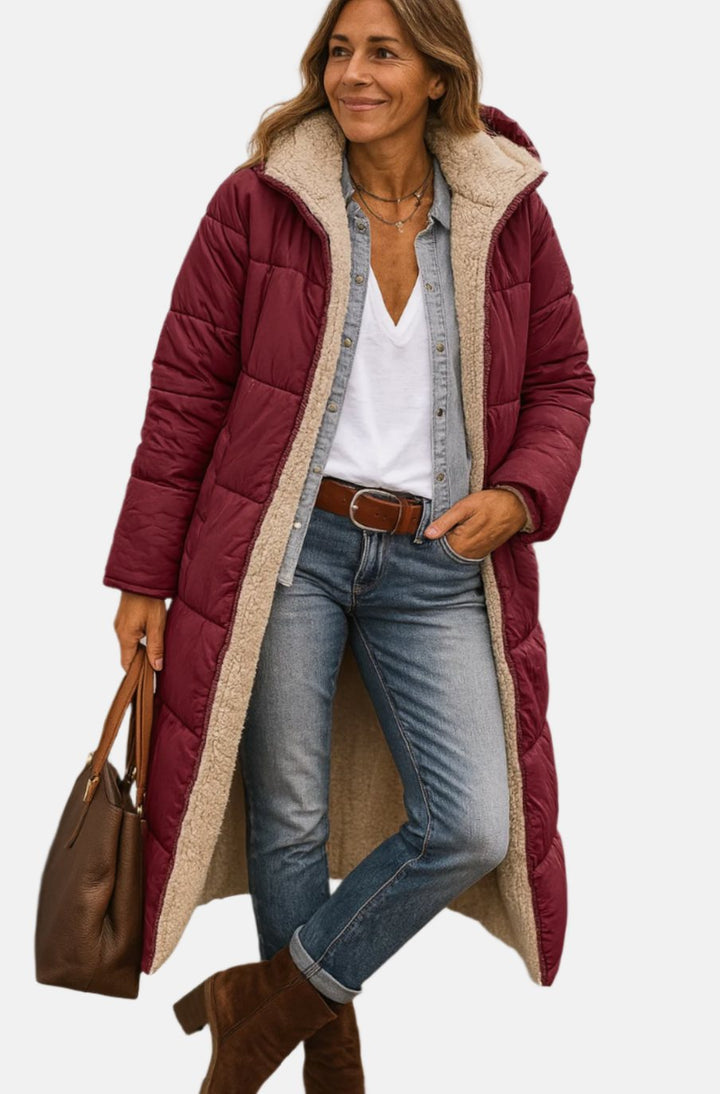 Damen Longline Puffer Jacke Kapuze Sherpa-Futter Winterjacke - Weinrot