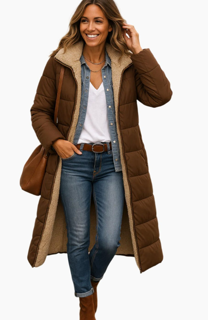 Damen Longline Puffer Jacke Kapuze Sherpa-Futter Winterjacke - Braun