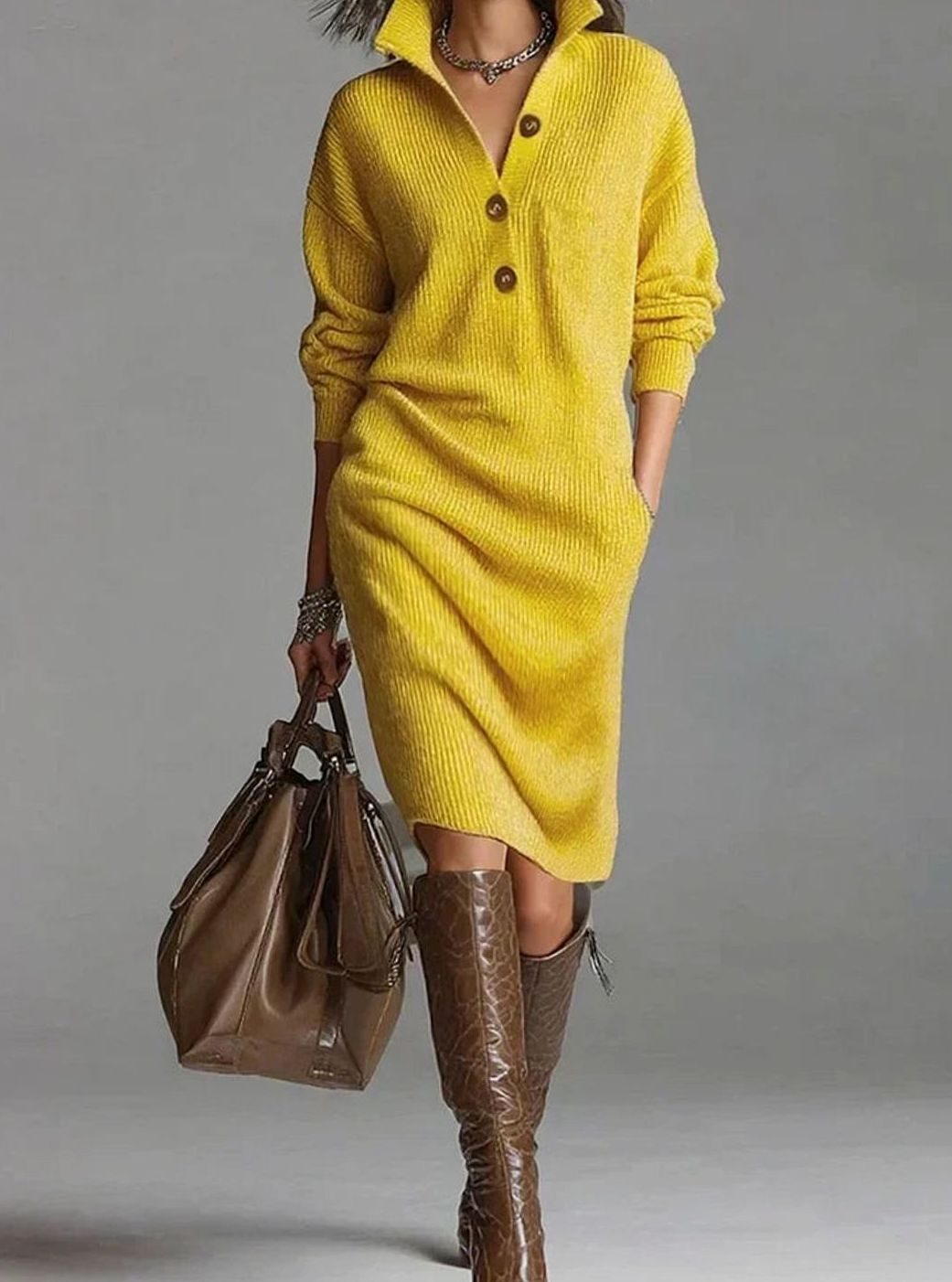 Damen Midi-Strickkleid Knopfleiste Comfortabele Pasvorm Langarm - Gelb