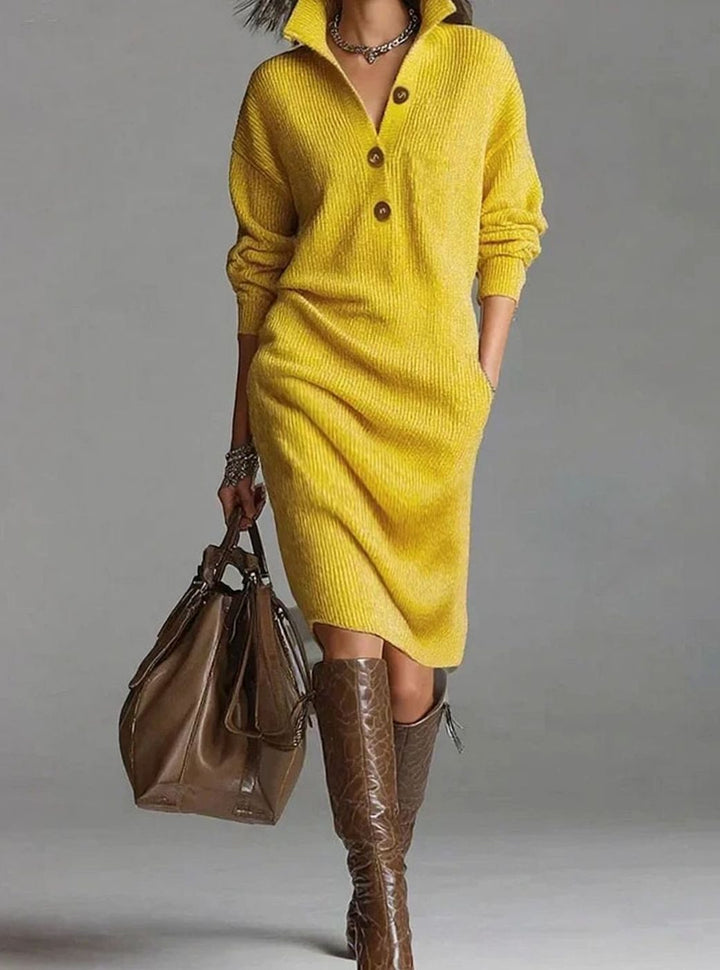 Damen Midi-Strickkleid Knopfleiste Comfortabele Pasvorm Langarm - Gelb