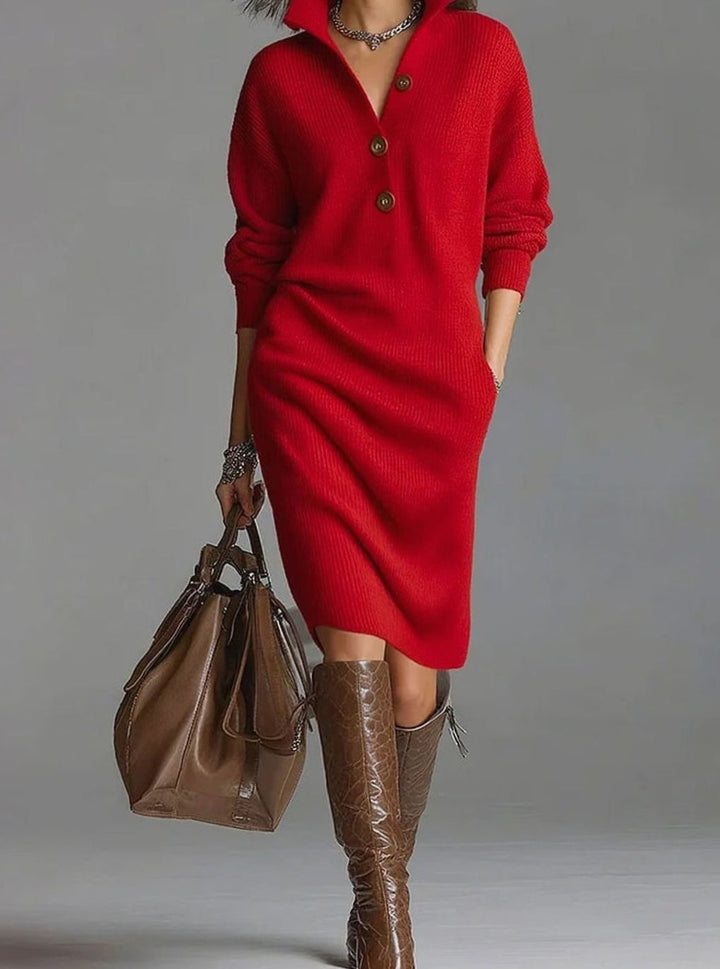 Damen Midi-Strickkleid Knopfleiste Comfortabele Pasvorm Langarm - Rot