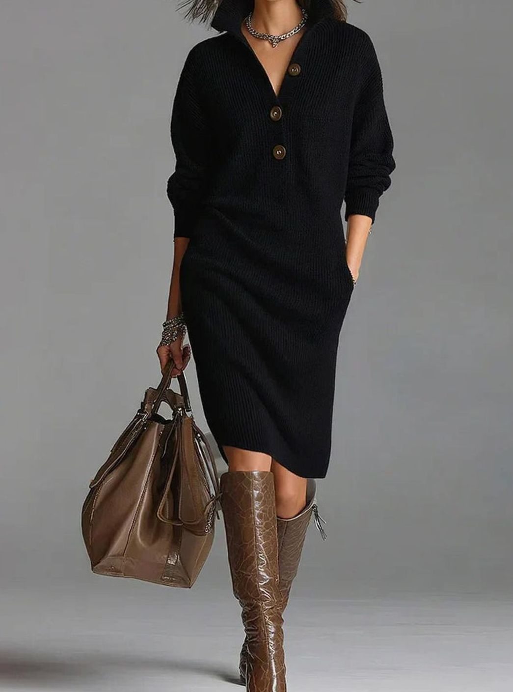 Damen Midi-Strickkleid Knopfleiste Comfortabele Pasvorm Langarm - Schwarz