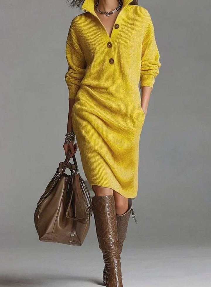 Damen Midi-Strickkleid mit Knopfleiste und Rippstruktur - Gelb