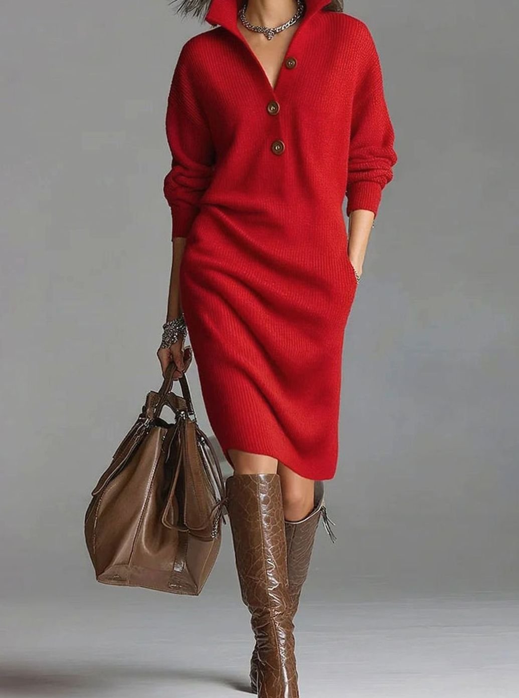 Damen Midi-Strickkleid mit Knopfleiste und Rippstruktur - Rot