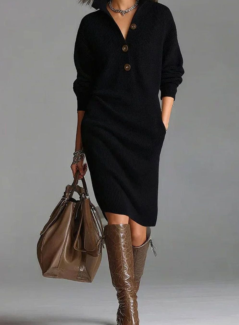 Damen Midi-Strickkleid mit Knopfleiste und Rippstruktur - Schwarz