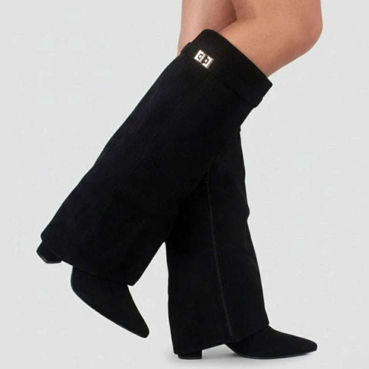 Damen Overknee Stiefel Mit Schnalle Spitzer Absatz Wildleder - Schwarzes Wildleder