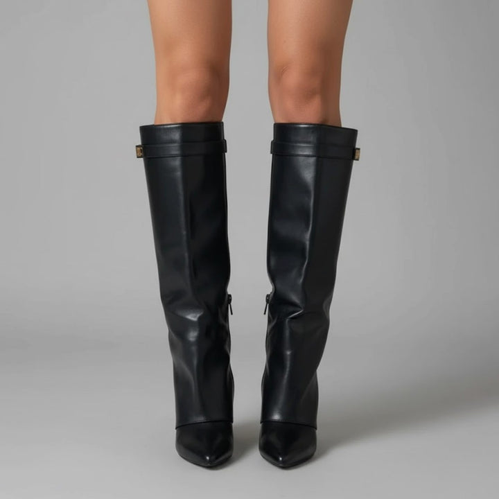 Damen Overknee Stiefel Mit Schnalle Spitzer Absatz Wildleder