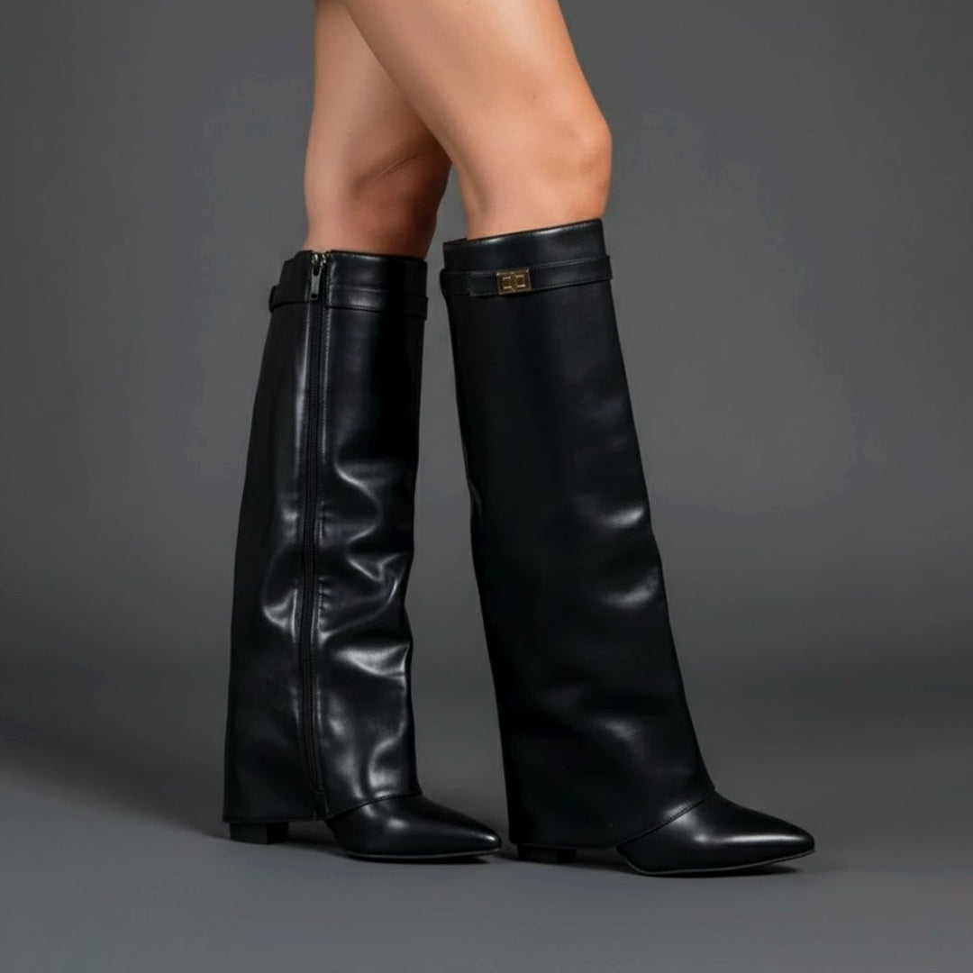 Damen Overknee Stiefel Mit Schnalle Spitzer Absatz Wildleder - Schwarz
