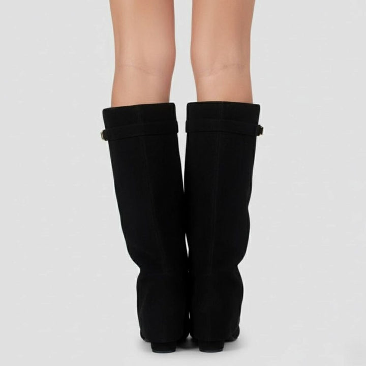 Damen Overknee Stiefel Mit Schnalle Spitzer Absatz Wildleder