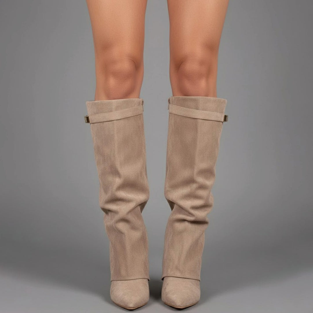Damen Overknee Stiefel Mit Schnalle Spitzer Absatz Wildleder - Beiges Wildleder