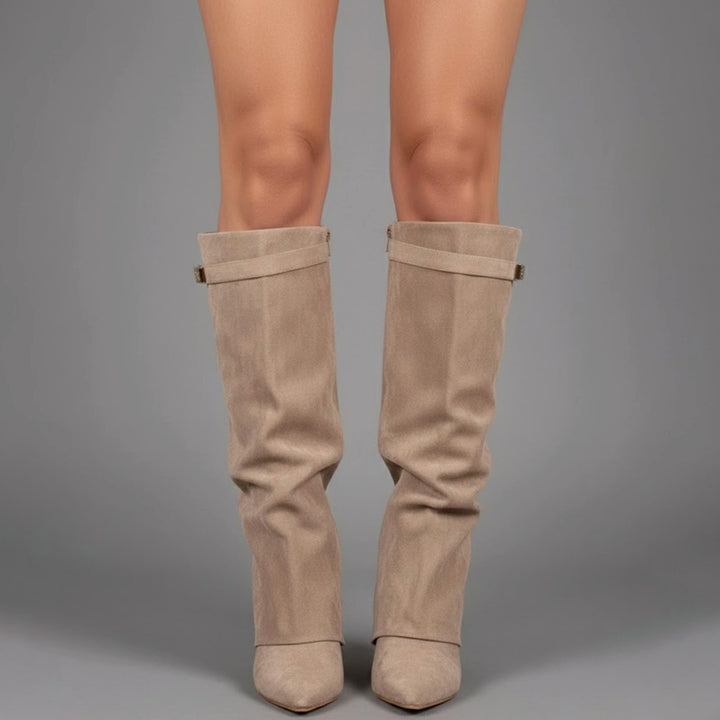 Damen Overknee Stiefel Mit Schnalle Spitzer Absatz Wildleder - Beiges Wildleder