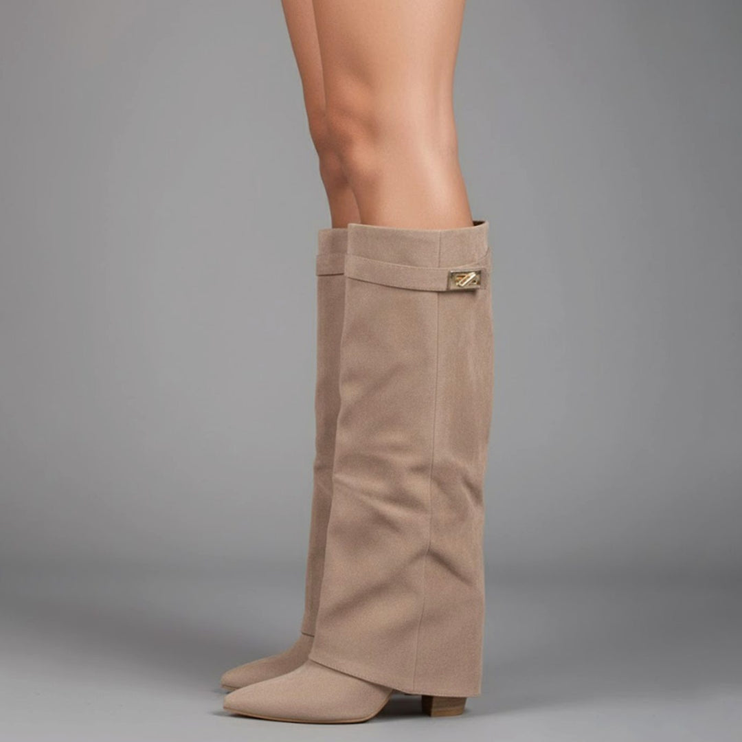 Damen Overknee Stiefel Mit Schnalle Spitzer Absatz Wildleder